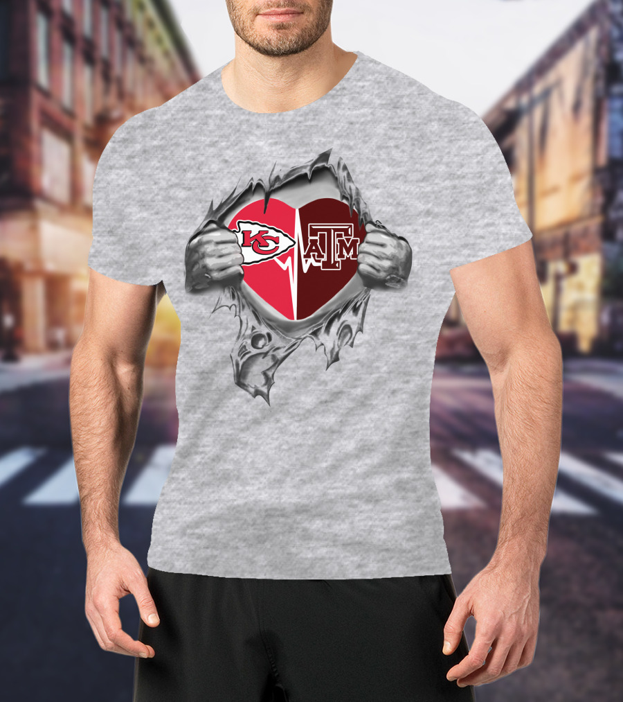 Chiefs Texas A&M Aggies Heart Logos Inside Torn T-Shirt