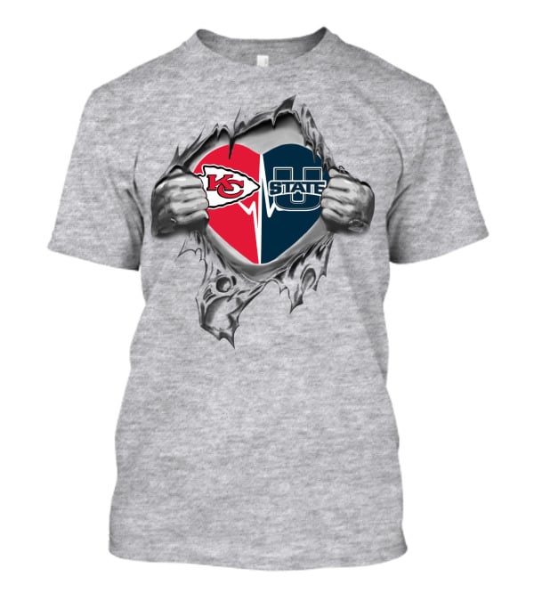 Chiefs Utah State Aggies Heart Logo Inside Torn Ripped T-Shirt