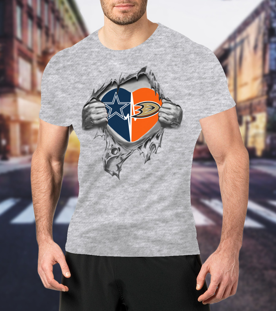 Cowboys Anaheim Ducks Heart Logo With Ripped Hands T-Shirt