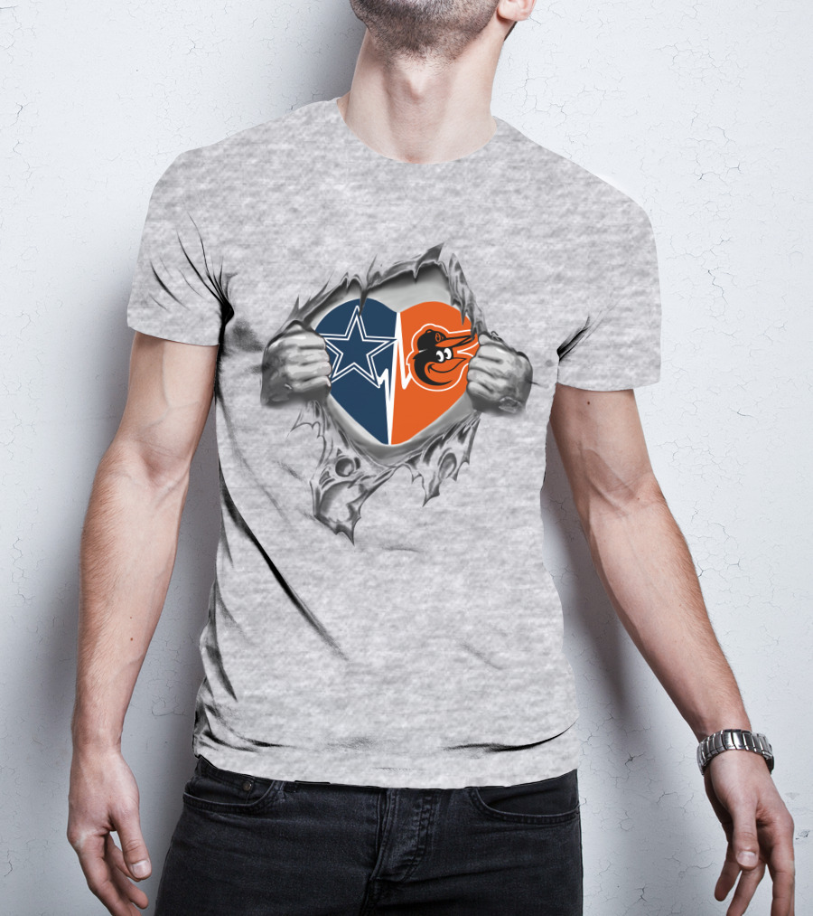 Cowboys Baltimore Orioles Heart Symbol With Hands Peeling Open T-Shirt