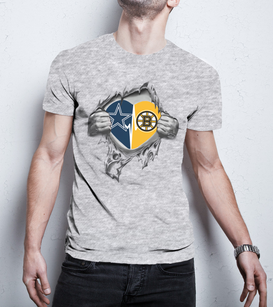 Cowboys Boston Bruins Heart Design Featuring Team Logos In Ripped Effect T-Shirt