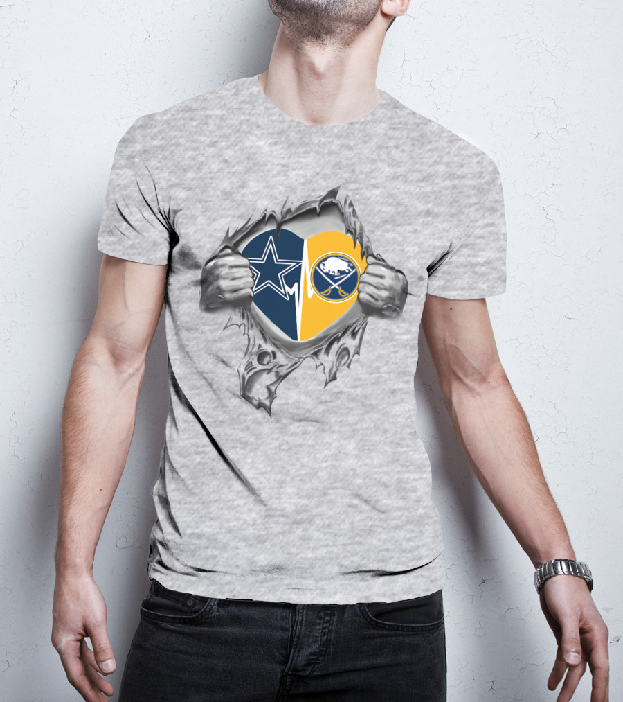 Cowboys Buffalo Sabres Heart Logos Torn Fabric T-Shirt