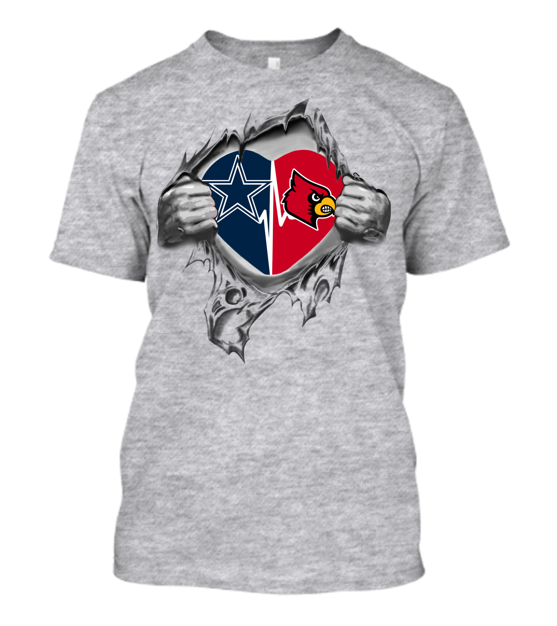 Cowboys And Louisville Cardinals Heart Design With Star And Cardinal Logos T-Shirt