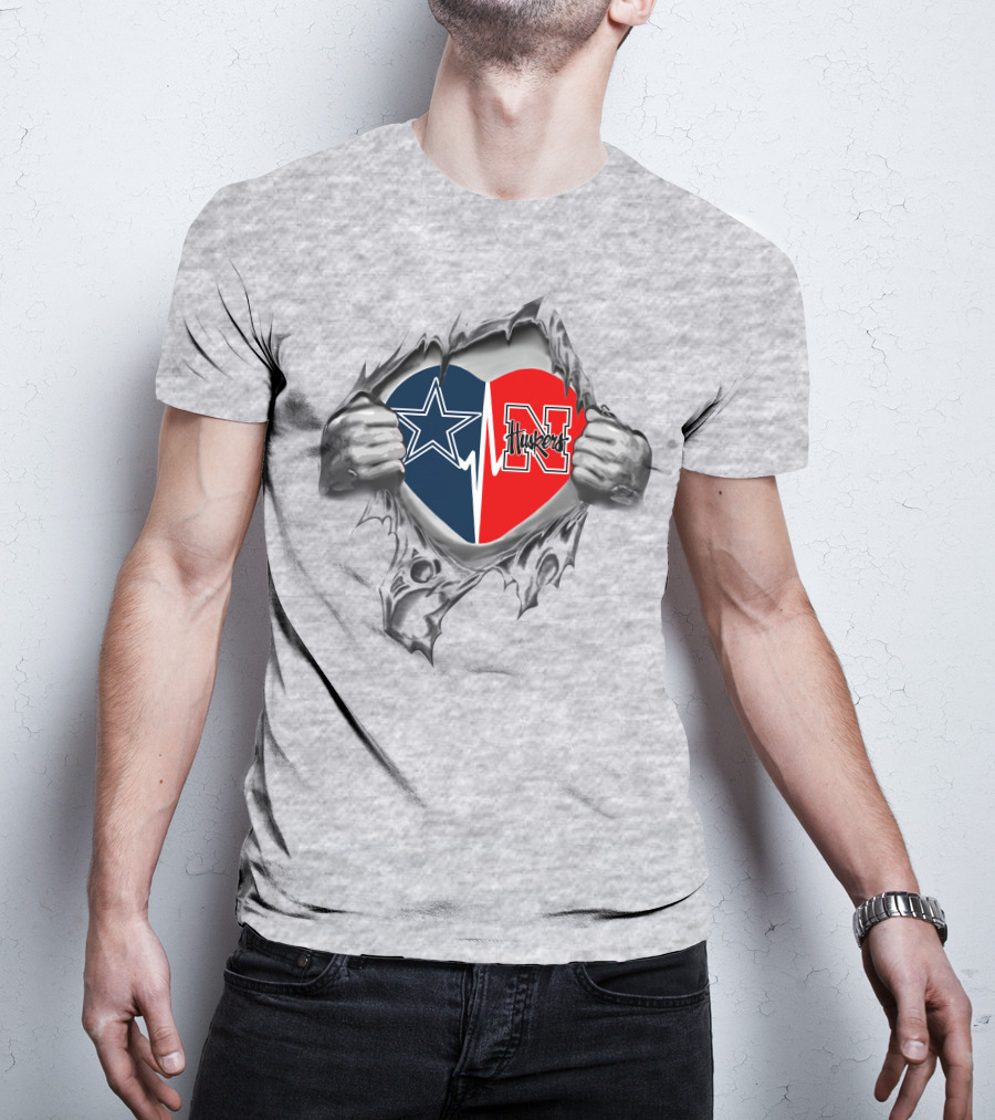 Cowboys-Nebraska Cornhuskers Heart Design Featuring Team Logos T-Shirt