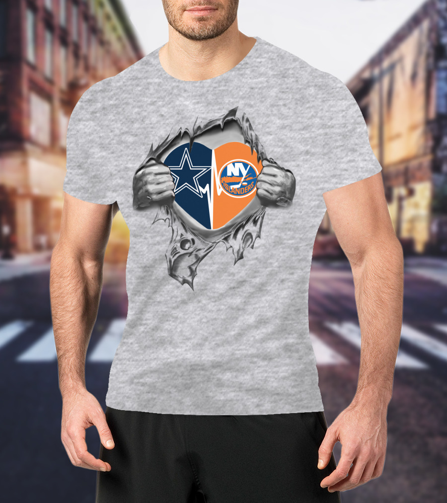 Cowboys New York Islanders Heart Symbol With Star And Hockey Logos T-Shirt