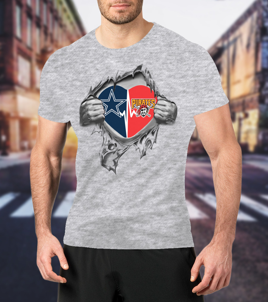 Cowboys Pirates Heart Logo Fusion In Torn Page T-Shirt