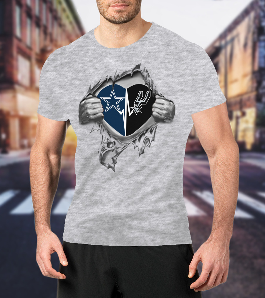 Cowboys San Antonio Spurs Heart Design With Torn Fabric And Holding Hands T-Shirt
