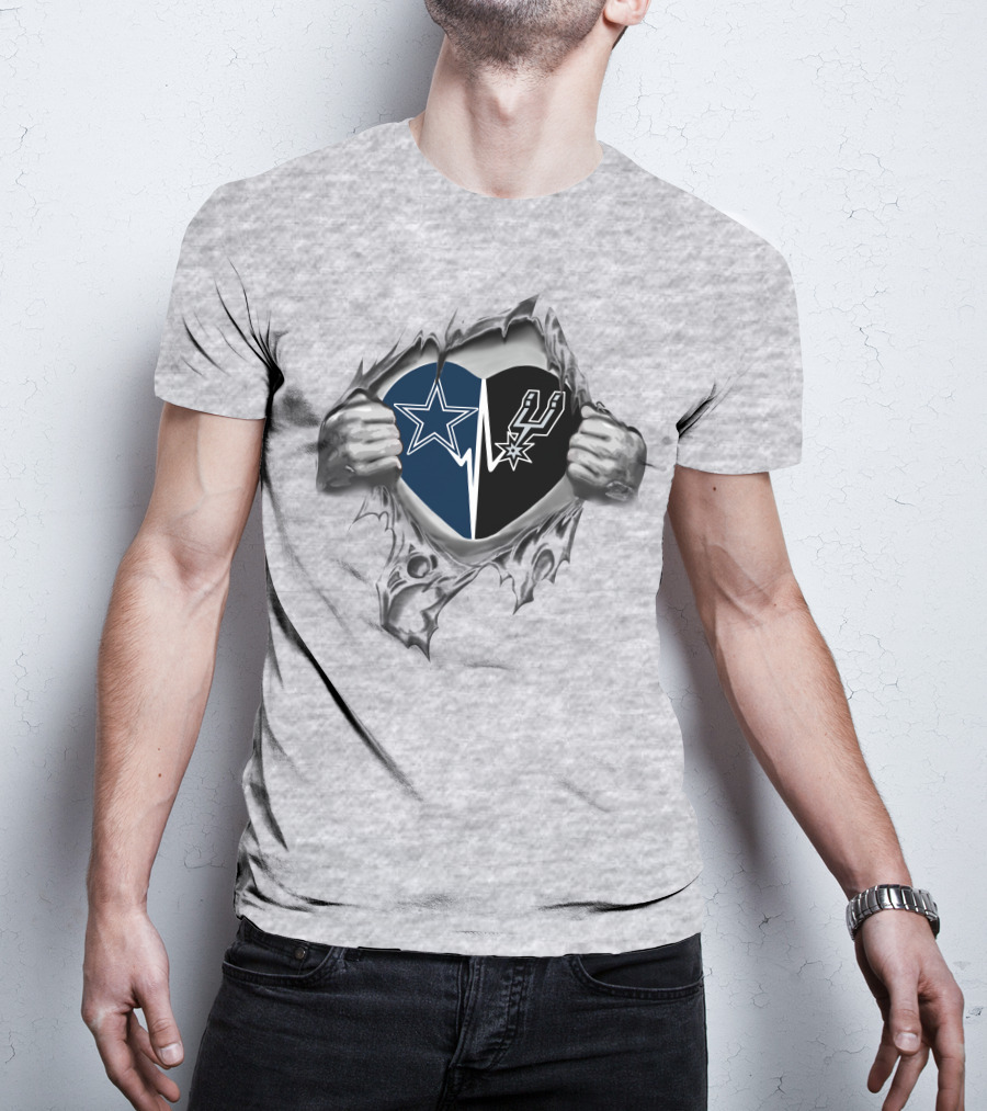Cowboys San Antonio Spurs Heart Design With Torn Fabric And Holding Hands T-Shirt