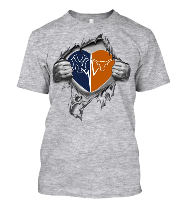 Yankees Longhorns Heart Symbol Fusion Featuring Iconic Logos T-Shirt