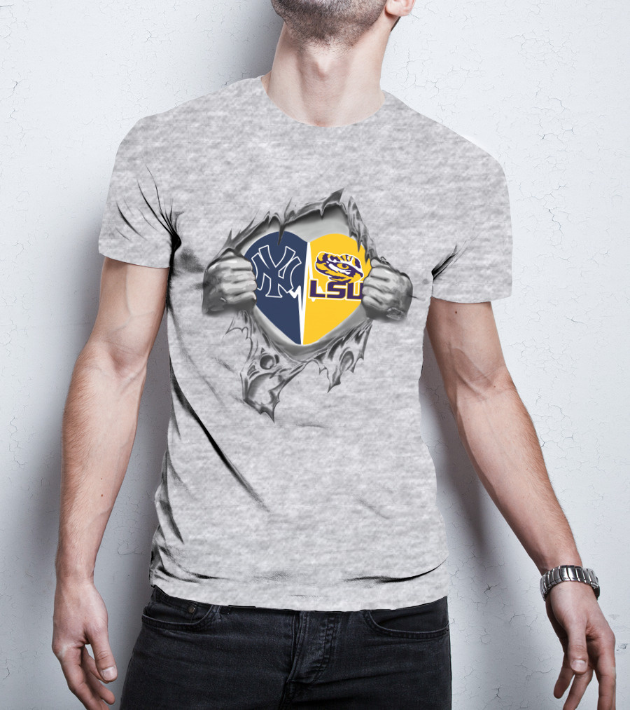 Yankees Lsu Heart With Iconic Logos And Hands T-Shirt