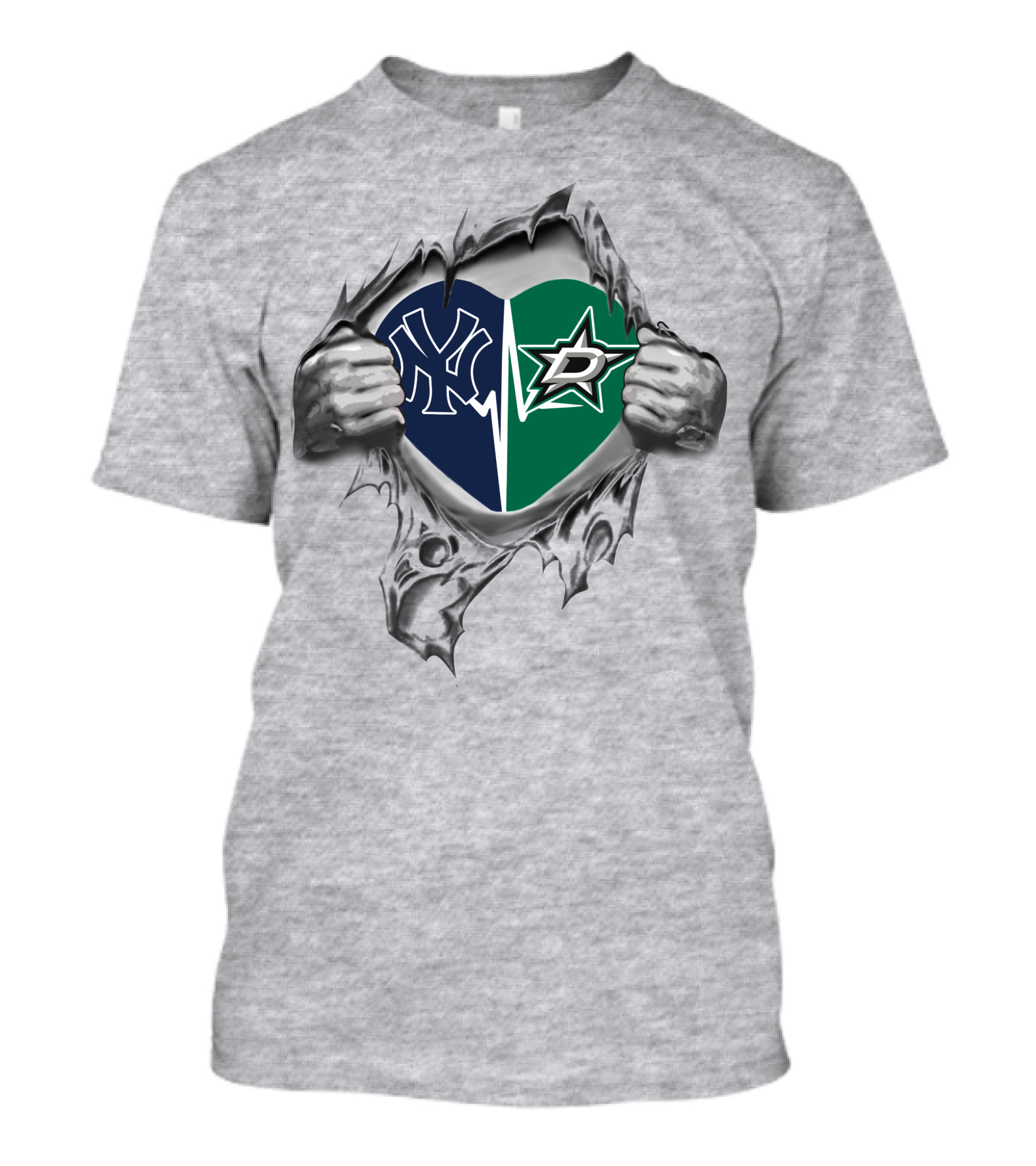 Yankees Dallas Stars Heart Split With Baseball And Hockey Logos T-Shirt