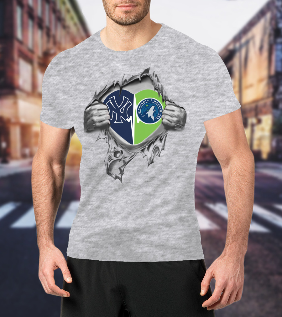 New York Yankees Minnesota Timberwolves Heart Logo Torn T-Shirt