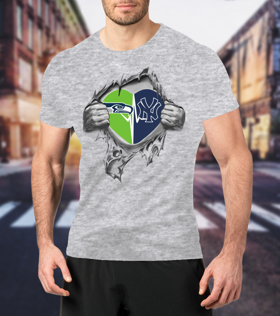 Yankees Seattle Seahawks Heart Passion Dual Allegiance T-Shirt