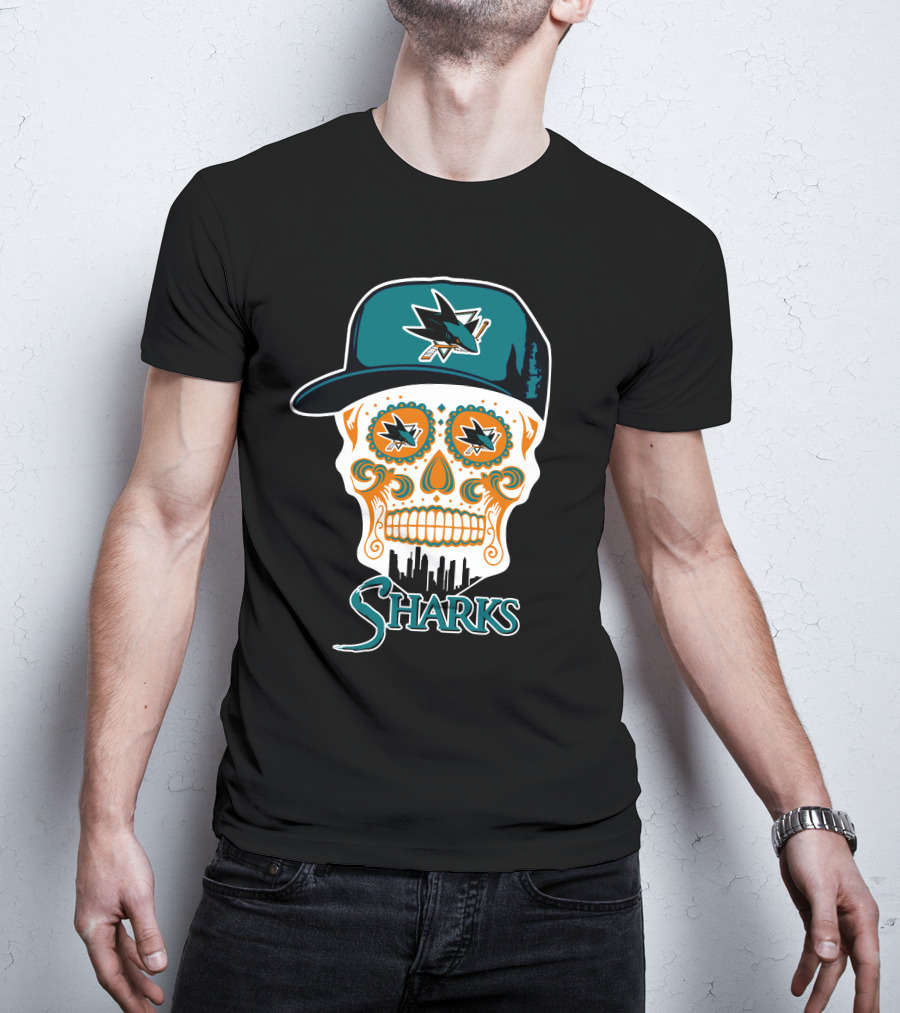 San Jose Sharks Sugar Skull Logo With Hat And City Skyline T-Shirt