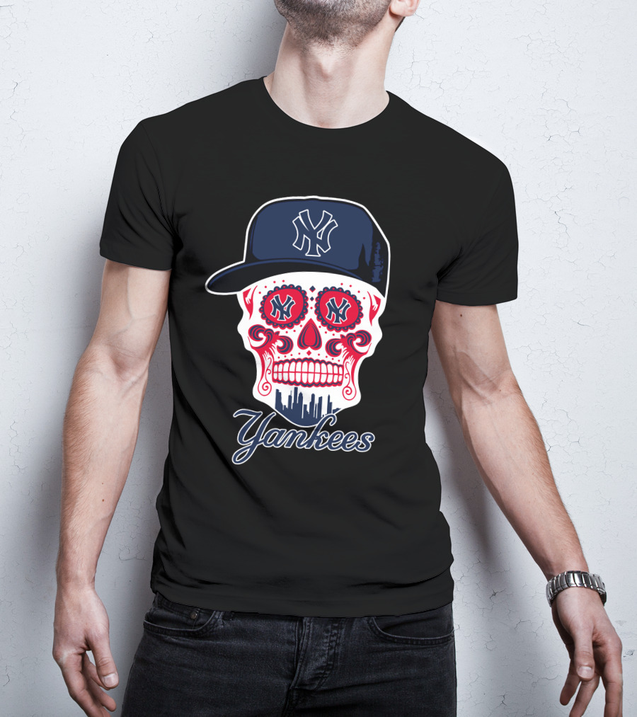 New York Yankees Skull Cap Design With Bold Logo And Cityscape Motif T-Shirt