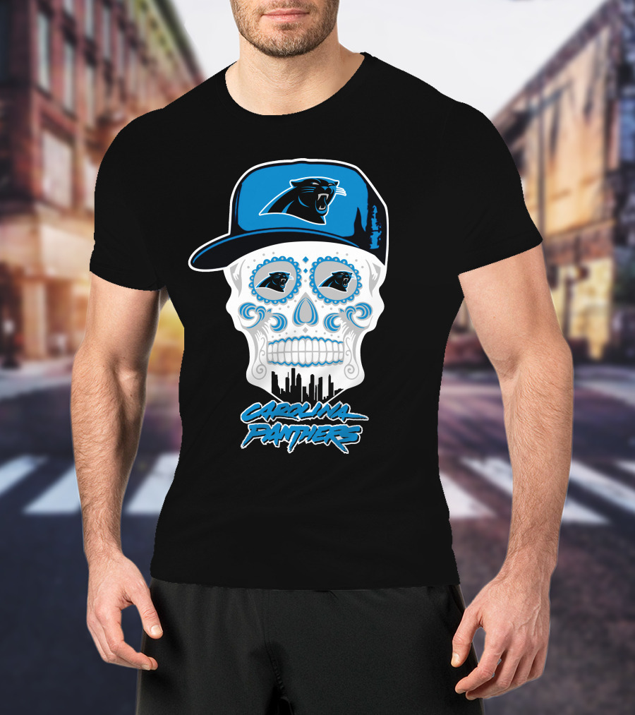Carolina Panthers Skull With Hat And Skyline T-Shirt