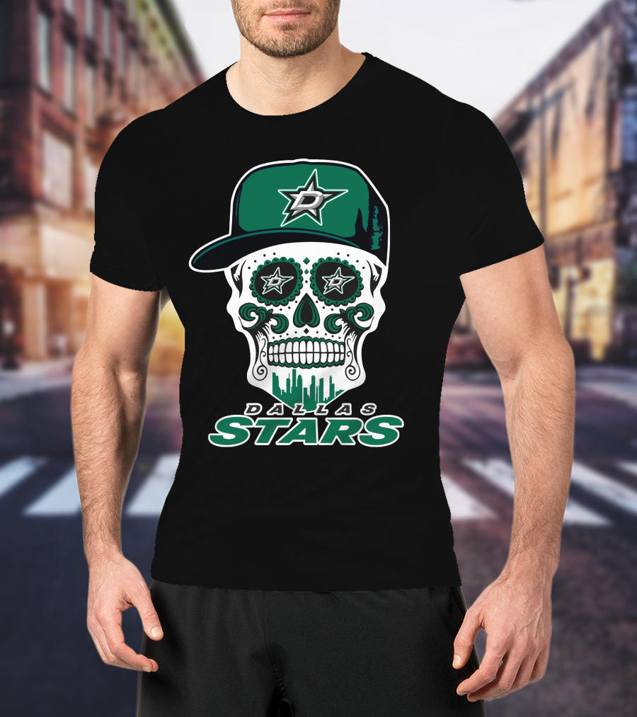 Dallas Stars Skull Dia De Los Muertos Baseball Cap T-Shirt