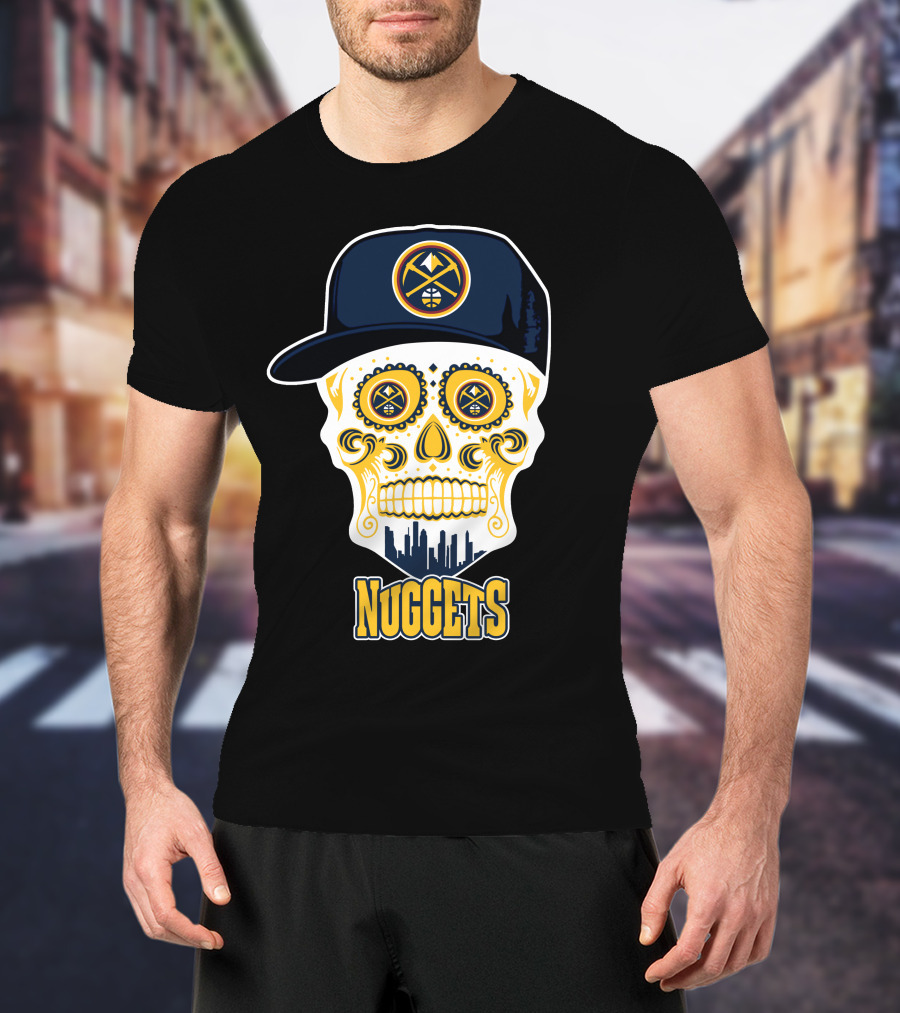Denver Nuggets Skull Design With Cap And City Silhouette T-Shirt
