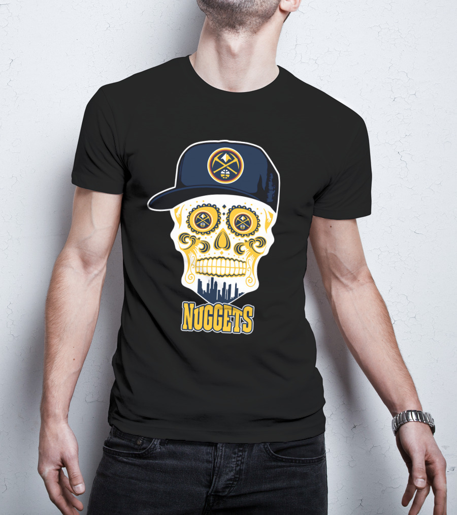 Denver Nuggets Skull Design With Cap And City Silhouette T-Shirt