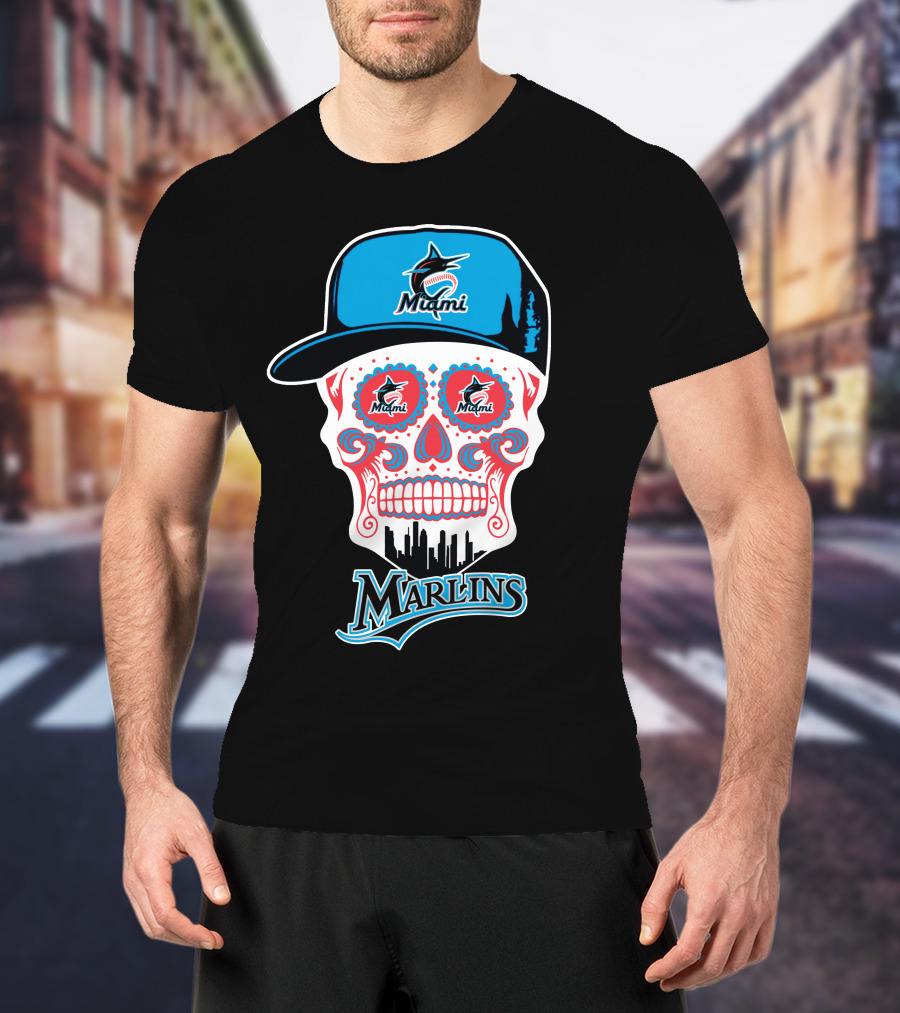 Miami Marlins Skull With Cap And Cityscape Motif T-Shirt