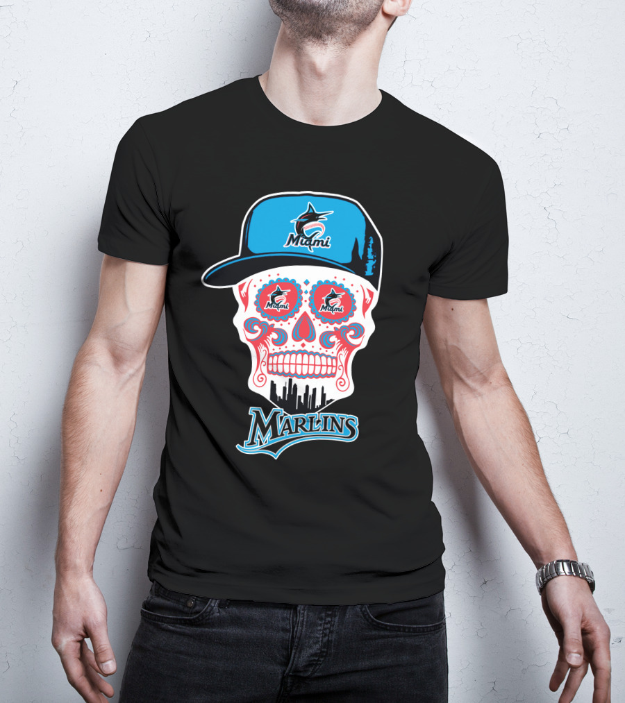 Miami Marlins Skull With Cap And Cityscape Motif T-Shirt