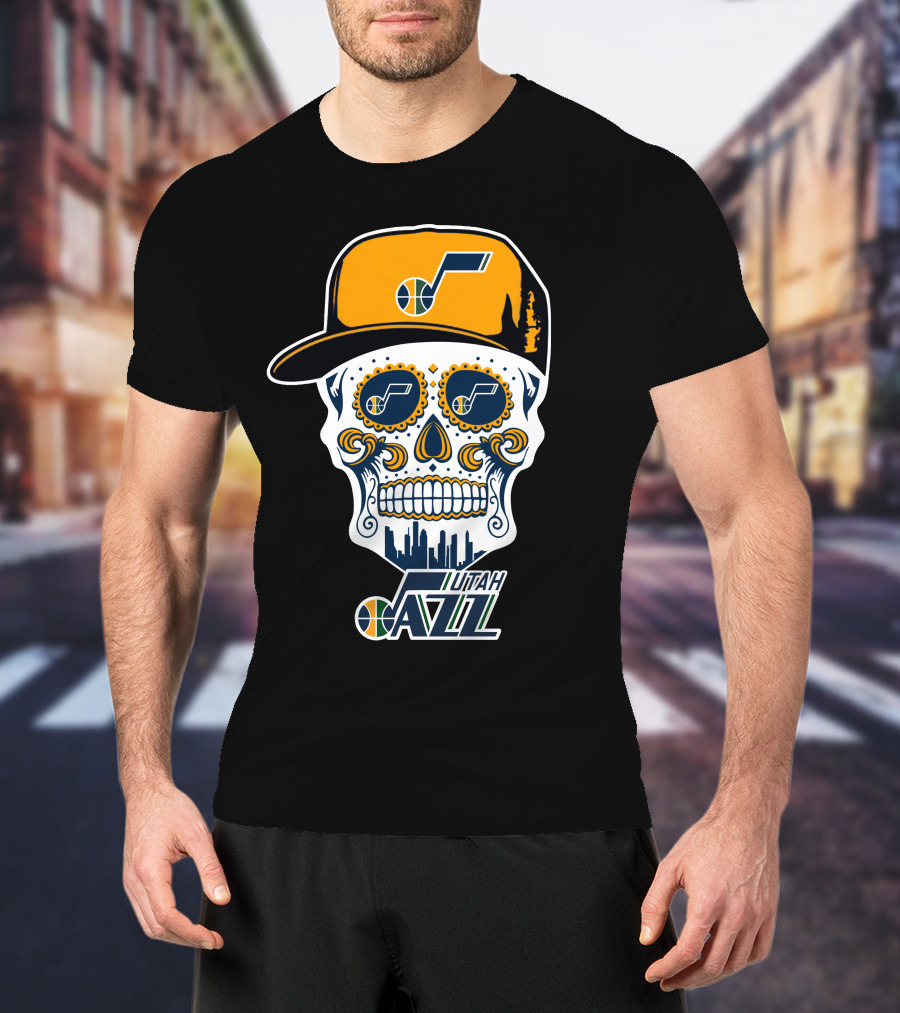 Utah Jazz Skull With City Skyline And Jazz Logo Cap T-Shirt