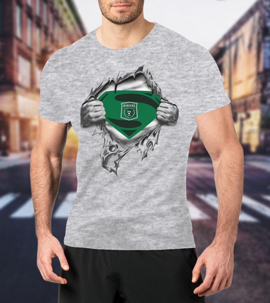 Rangers Superman Logo With Bear Emblem Design Peeking Through Torn Fabric T-Shirt