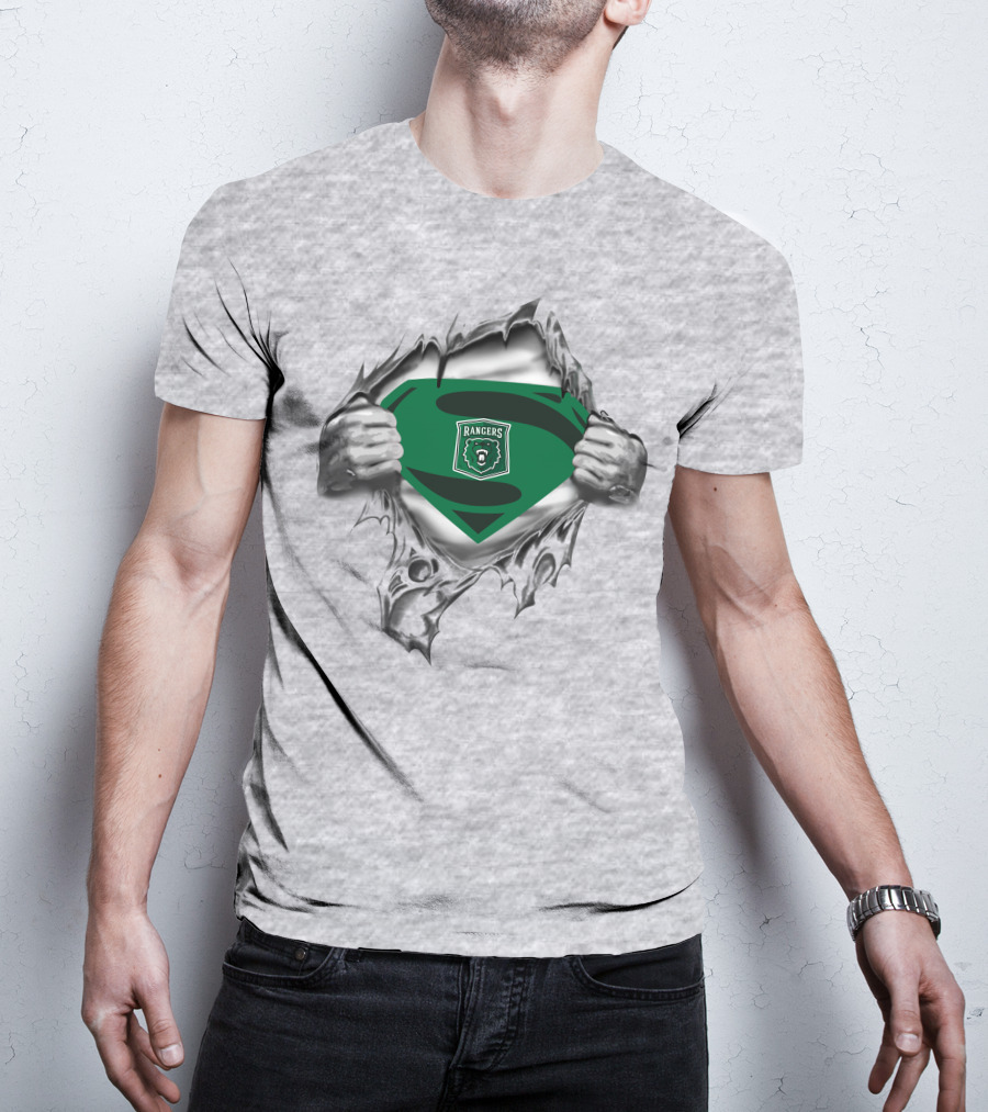 Rangers Superman Logo With Bear Emblem Design Peeking Through Torn Fabric T-Shirt