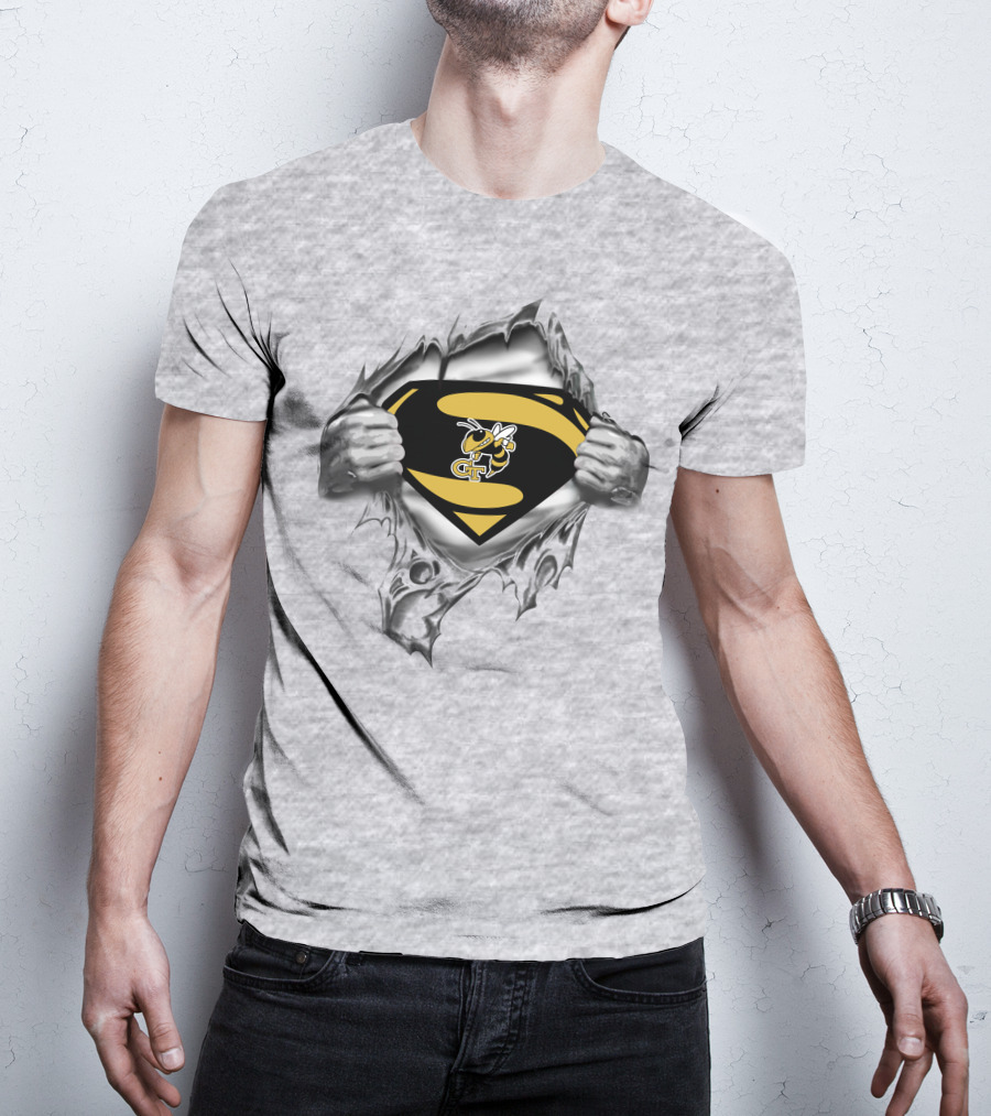 Georgia Tech Yellow Jackets Buzzing Superman Ripped Logo Reveal T-Shirt