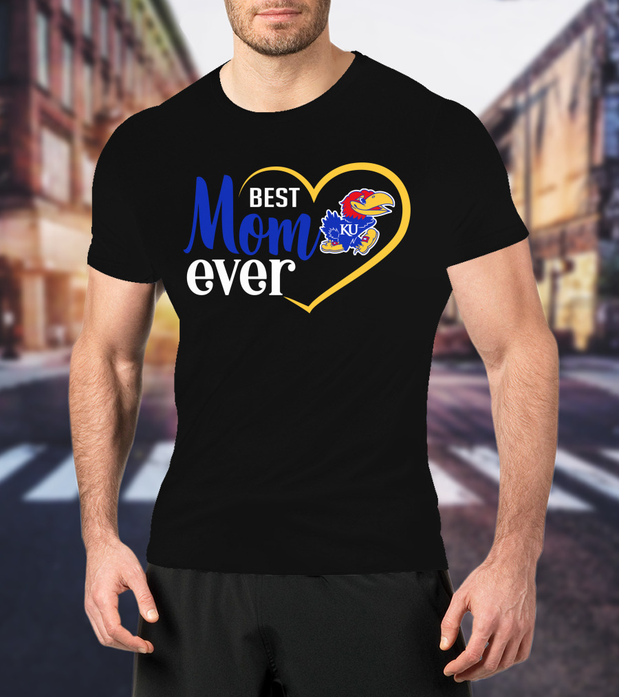 Kansas Jayhawks Best Mom Ever Heart Emblem Ku T-Shirt