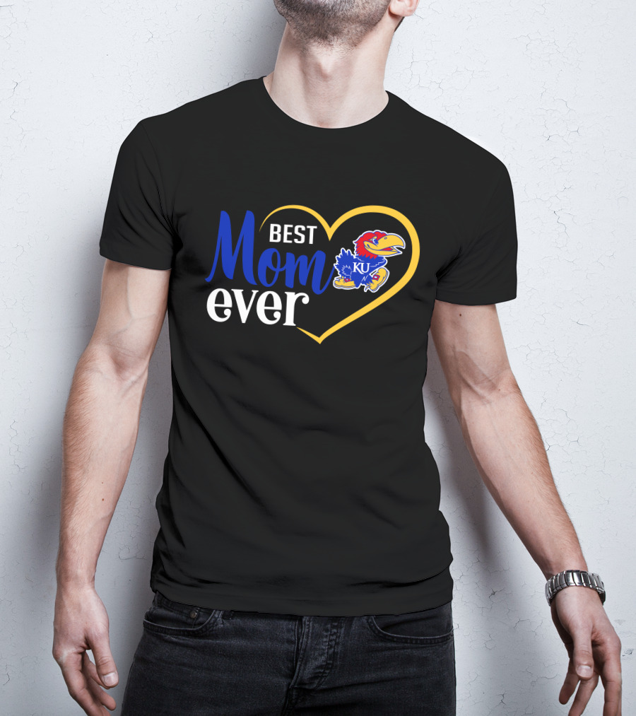 Kansas Jayhawks Best Mom Ever Heart Emblem Ku T-Shirt