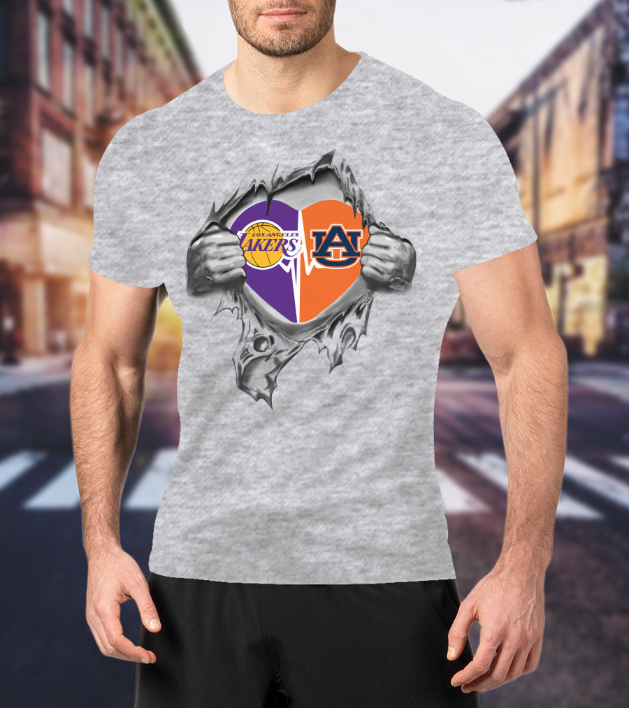 Los Angeles Lakers Auburn Tigers Heart Split Loyalty T-Shirt