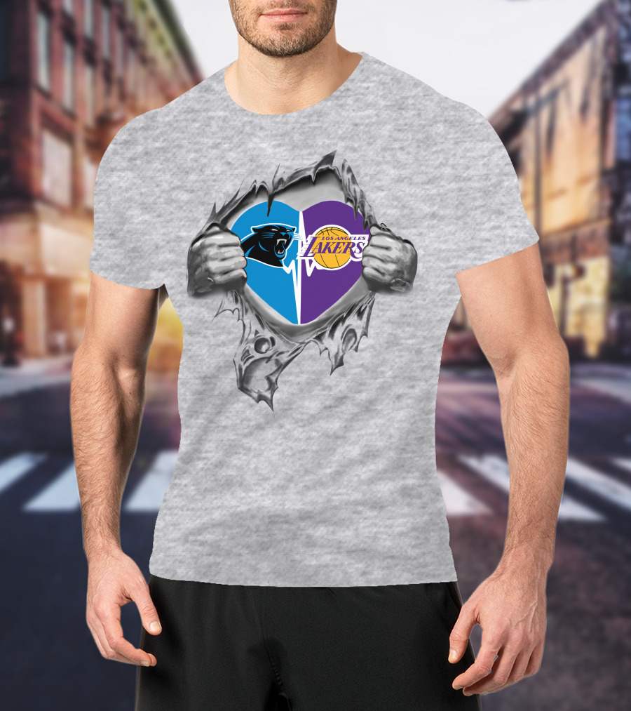 Lakers Carolina Panthers Heart Tear Logo Combo T-Shirt