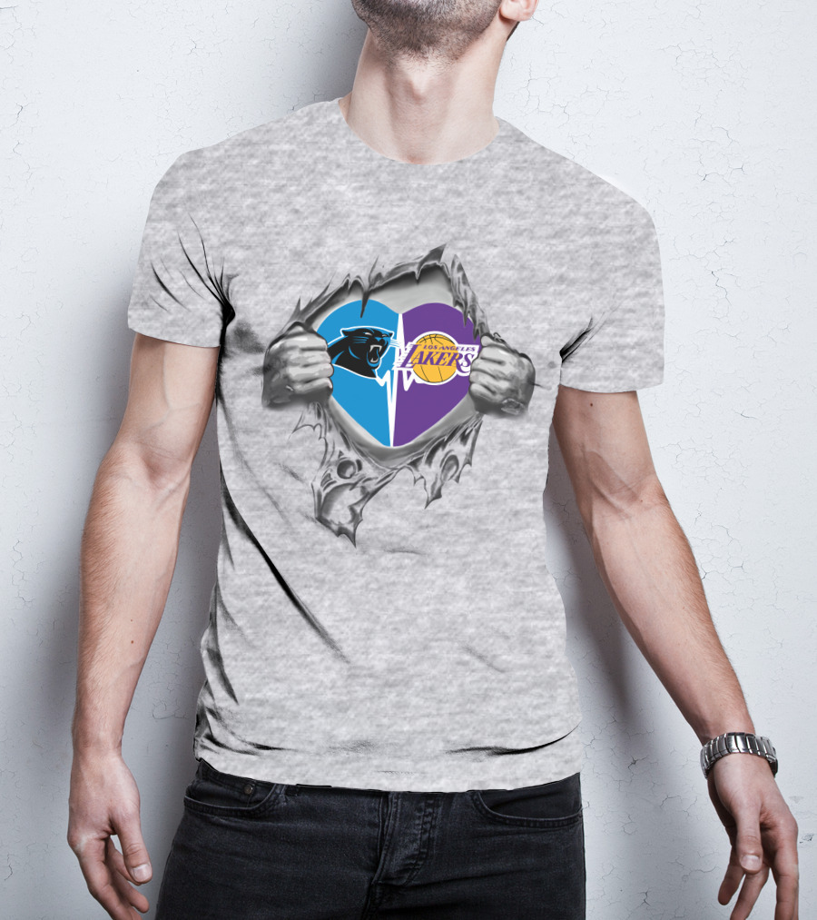 Lakers Carolina Panthers Heart Tear Logo Combo T-Shirt