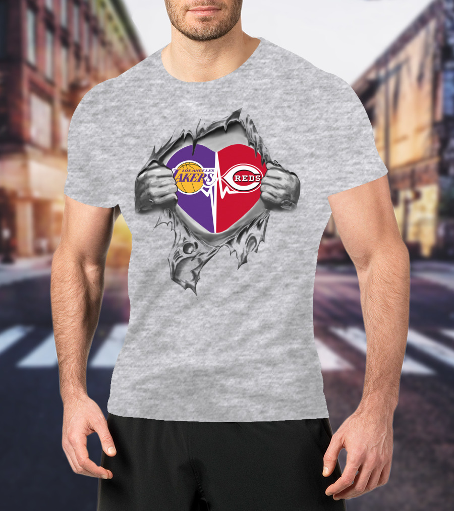 Los Angeles Lakers Cincinnati Reds Heart Split Fan Passion T-Shirt