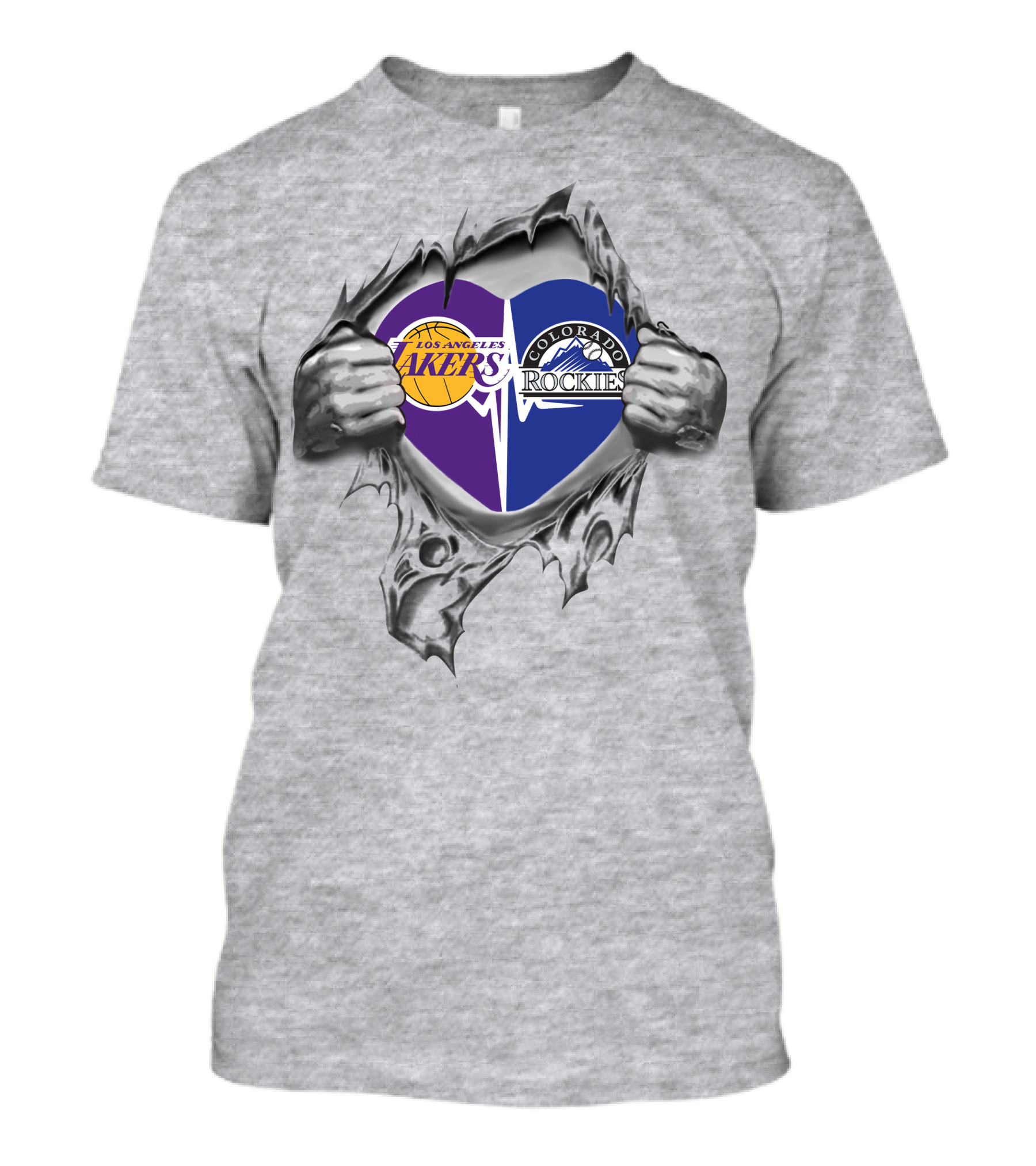 Los Angeles Lakers Colorado Rockies Heart Symbol With Hands Tearing Through Material T-Shirt
