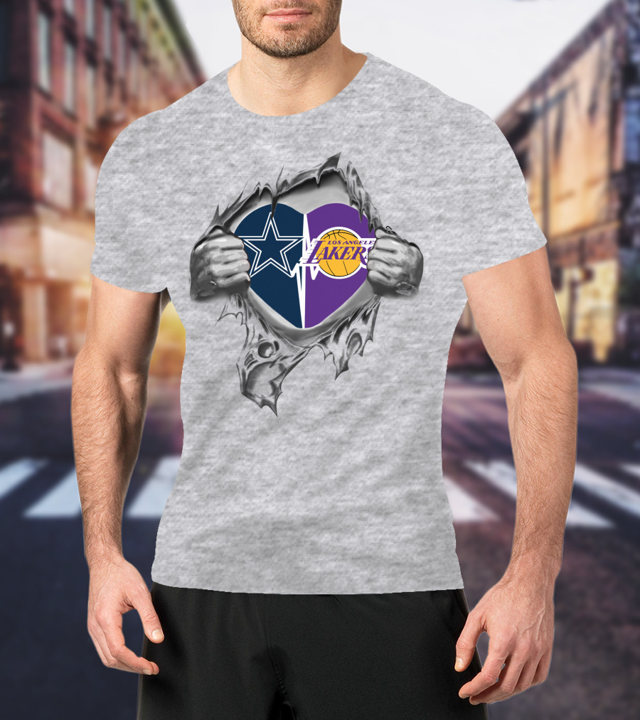 Los Angeles Lakers Dallas Cowboys Heart Silver Torn T-Shirt