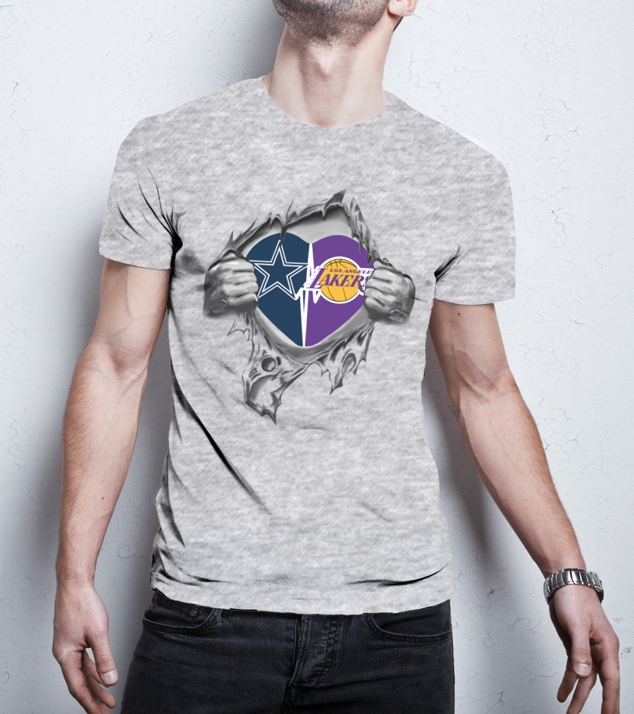 Los Angeles Lakers Dallas Cowboys Heart Silver Torn T-Shirt