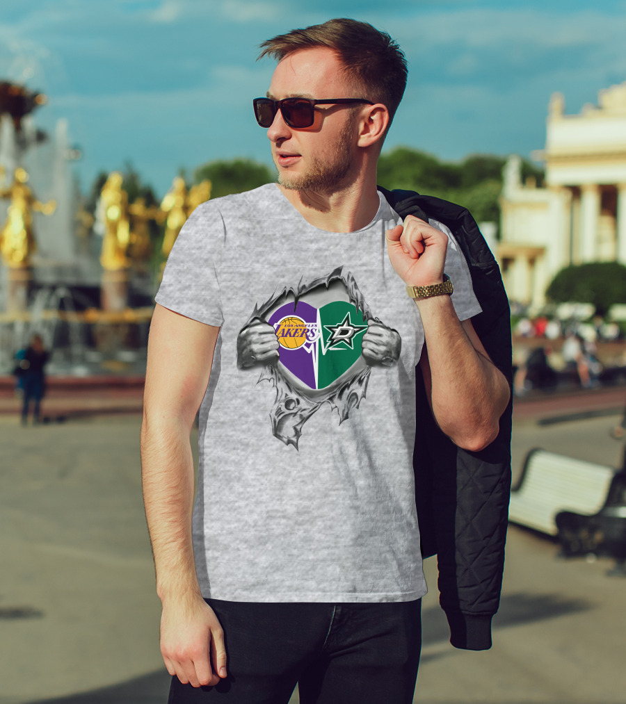 Los Angeles Lakers Dallas Stars Heart Symbol With Torn Hands T-Shirt