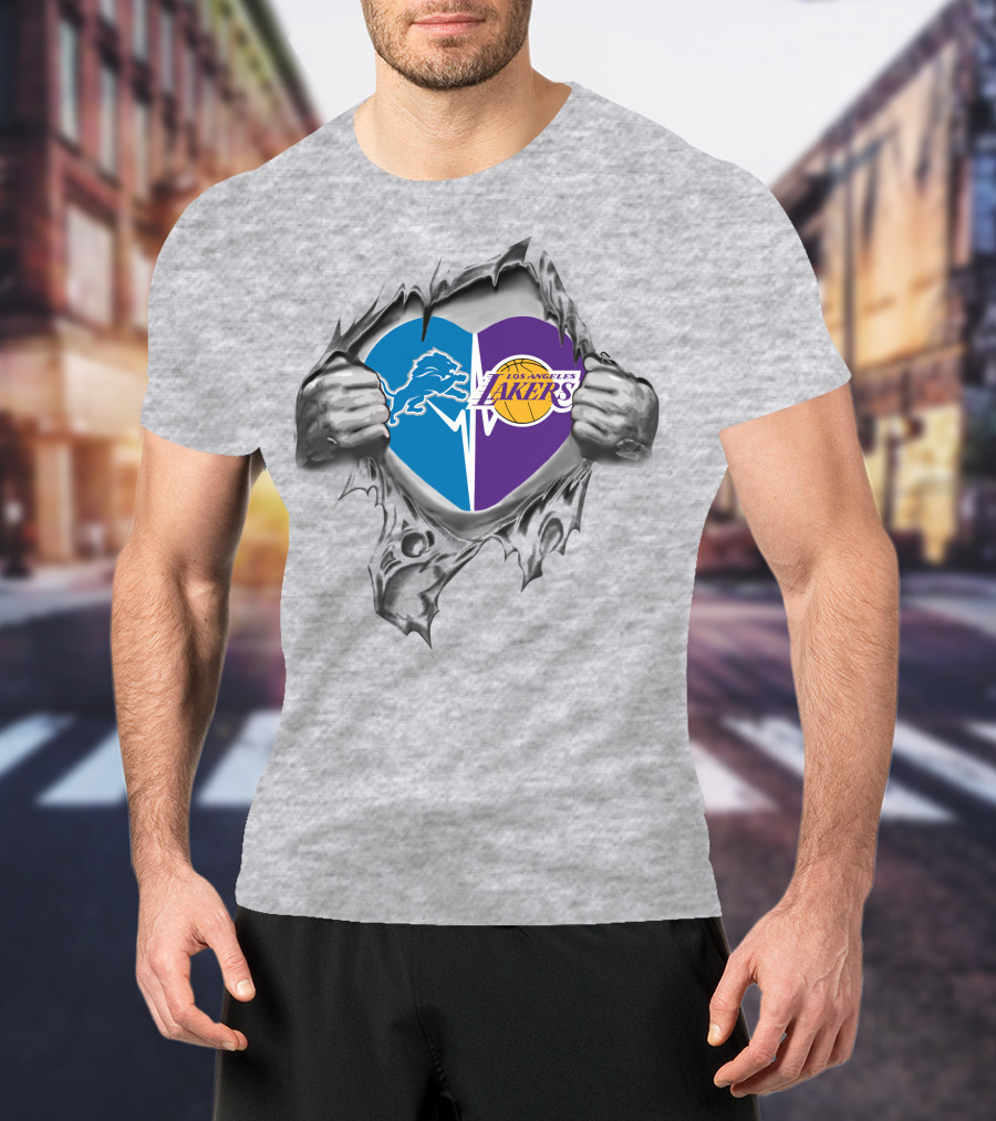 Los Angeles Lakers Detroit Lions Heart Symbol With Torn Metal Effect T-Shirt