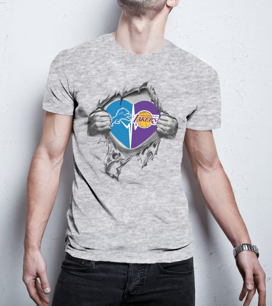 Los Angeles Lakers Detroit Lions Heart Symbol With Torn Metal Effect T-Shirt