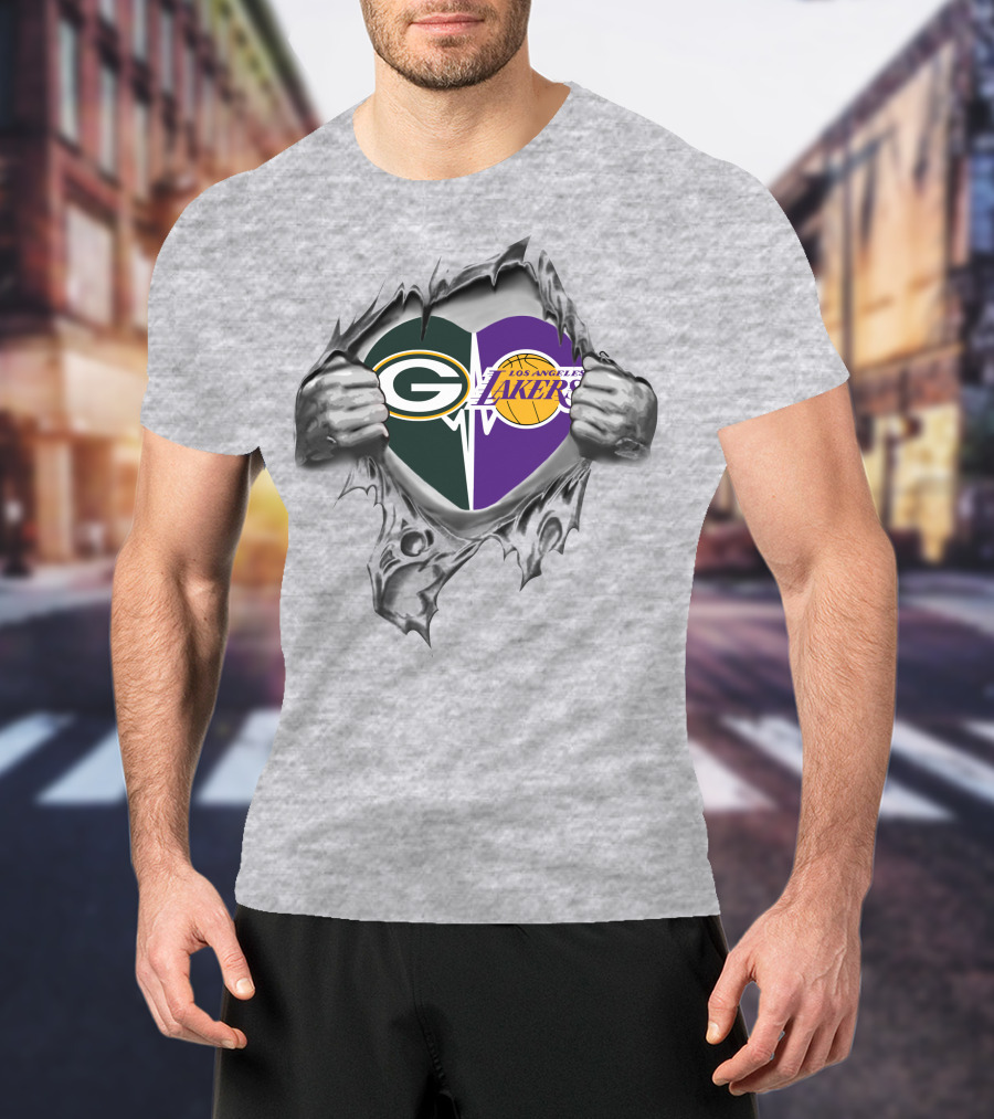 Lakers Green Bay Packers Heart Rip T-Shirt