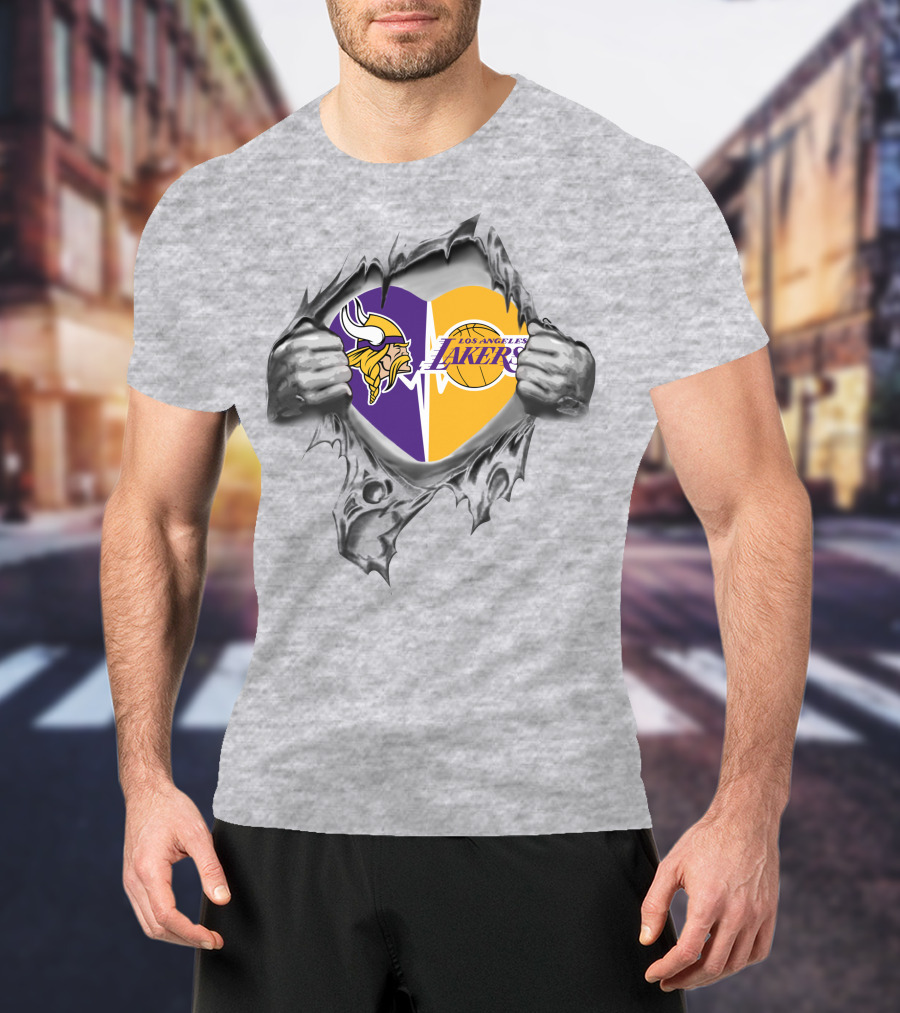 Lakers Minnesota Vikings Heart Logo Ripped Metal T-Shirt