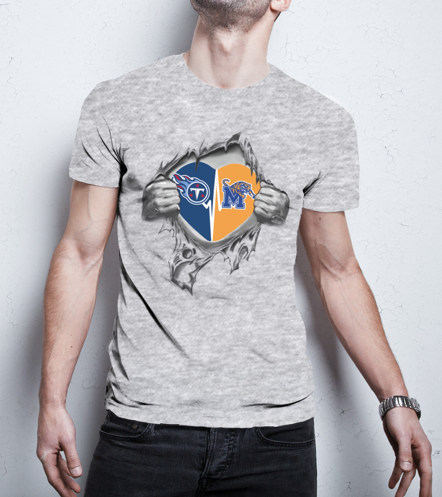 Tennessee Titans And Memphis Tigers Logos Heart T-Shirt