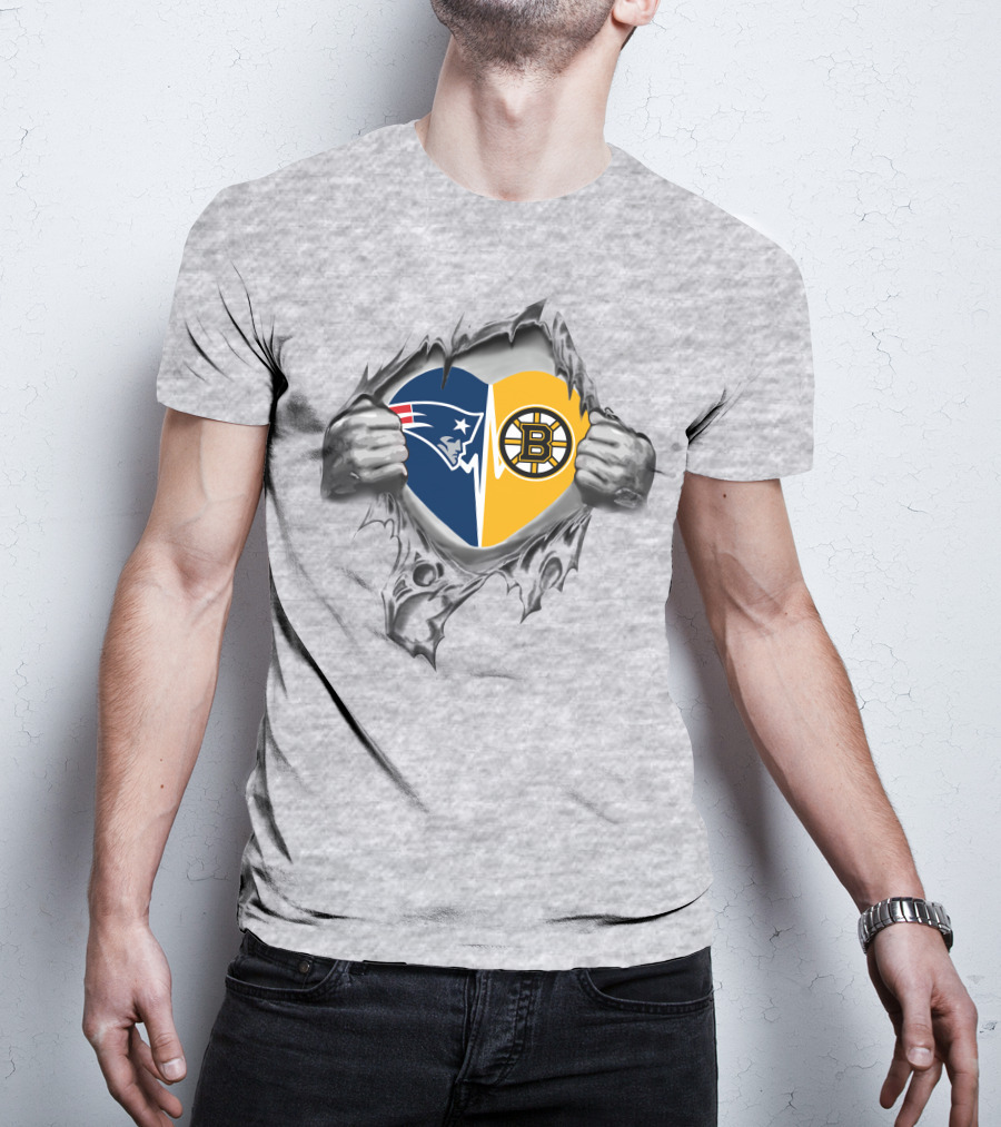 Patriots Bruins It's In My Heart Split Logo Heart T-Shirt