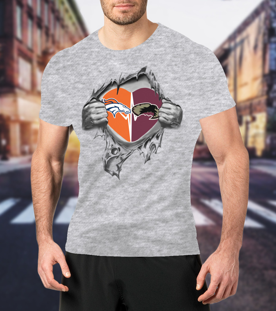 Broncos Denver Pioneers It's In My Heart Bronco And Pioneer Heart Split T-Shirt