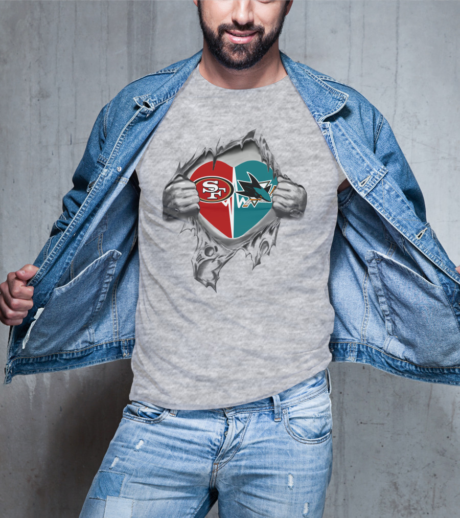 49ers San Jose Sharks Heart Logo Torn Fabric T-Shirt