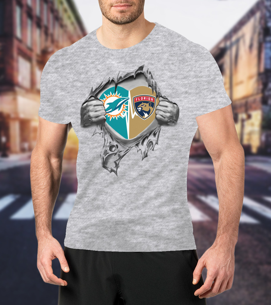 Miami Dolphins Florida Panthers Heart Design 27 Fan Tribute T-Shirt