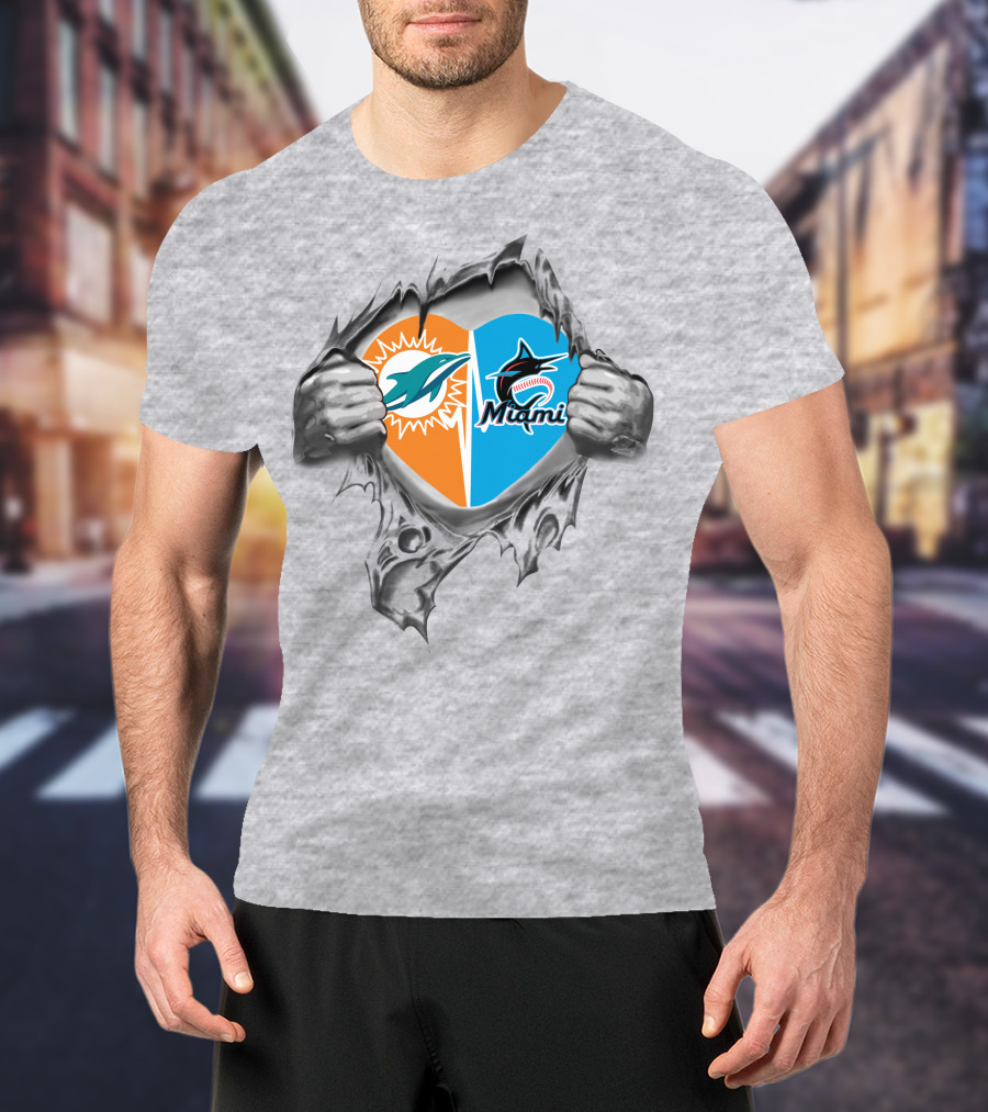 Miami Dolphins And Marlins Heart Design 28 Dolphins It's In My Heart T-Shirt