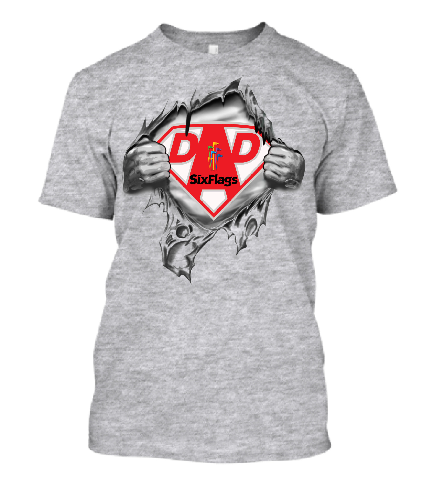 Six Flags Super Dad Emblem With Hands Peeling Away Grey Covering T-Shirt